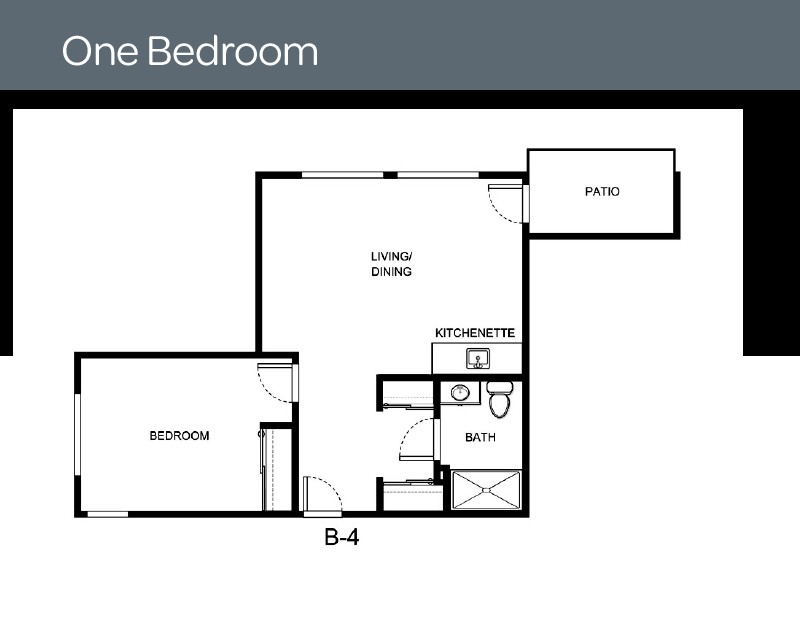 One bedroom apartment floor plan with a living and dining area, kitchen, bathroom, and patio.