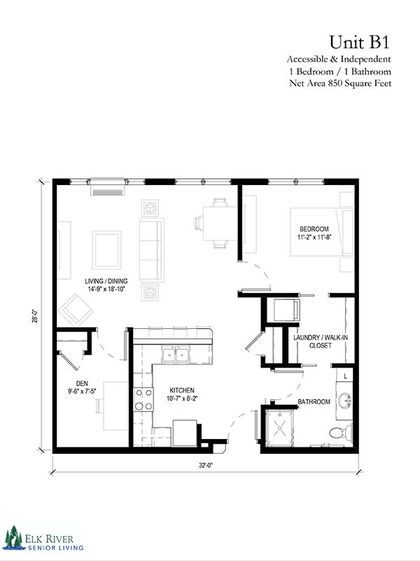 Floor plan of a two-bedroom, one-bathroom apartment layout.