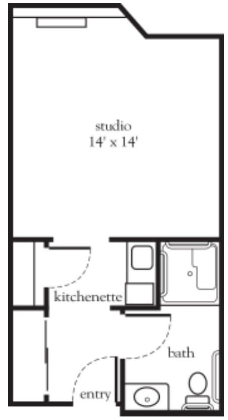 A floor plan of a studio apartment measuring 14' x 14' with a kitchenette and bathroom.