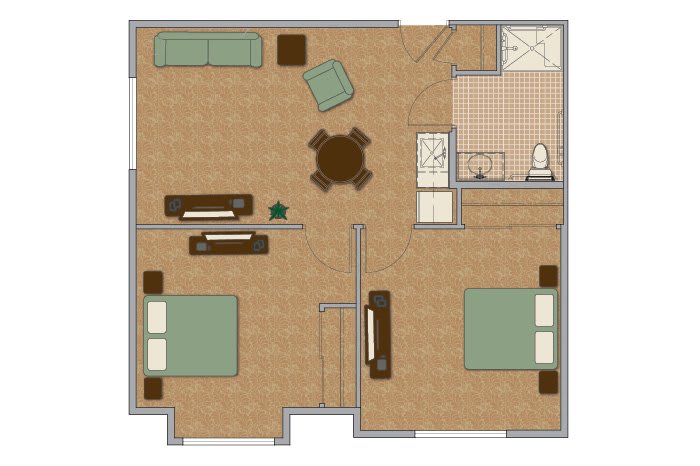 A floor plan of a two-bedroom apartment with a living room, kitchen, and bathroom.