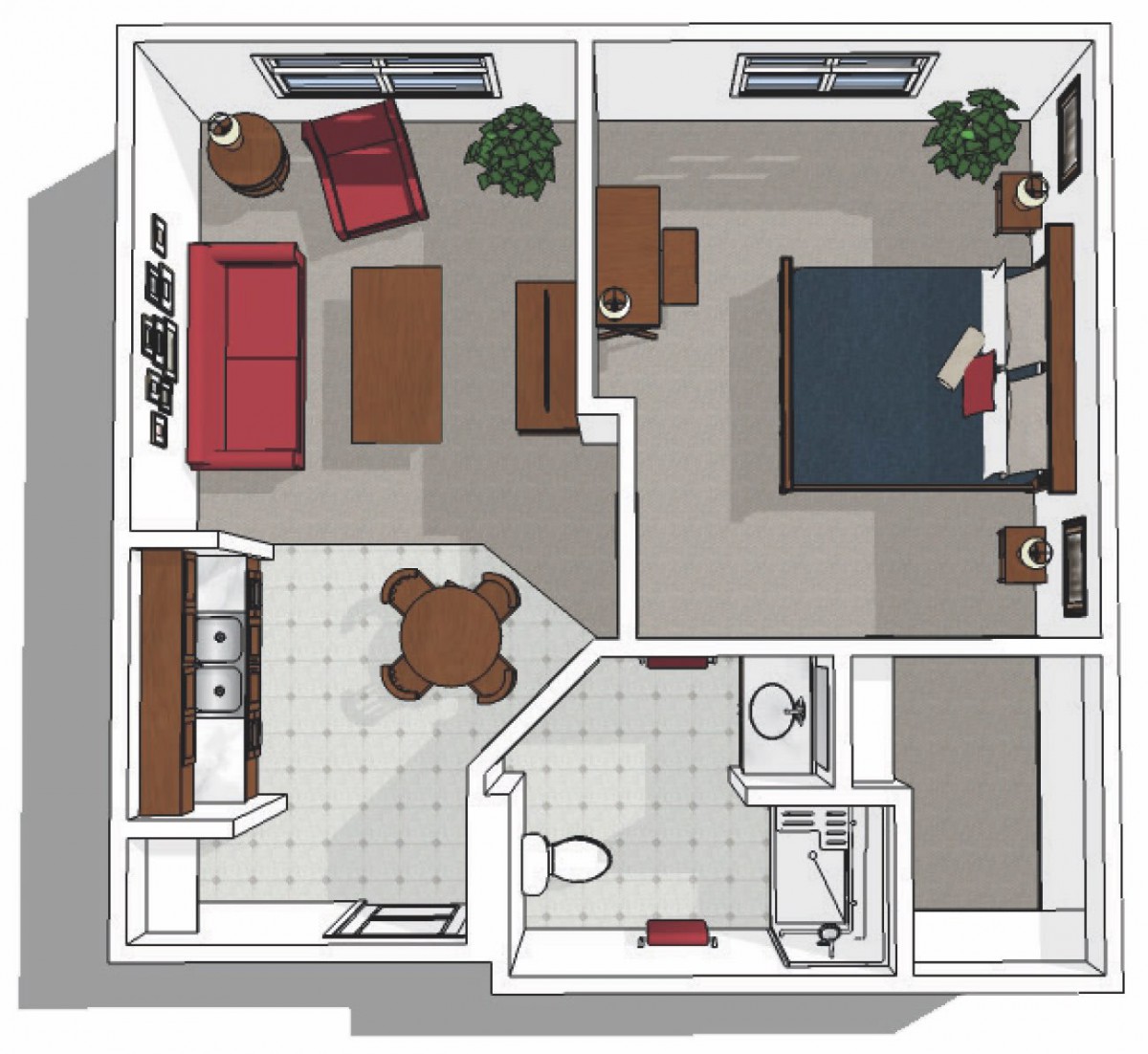 A top-view floor plan of a one-bedroom apartment featuring a living room, kitchen, bathroom, and bedroom.