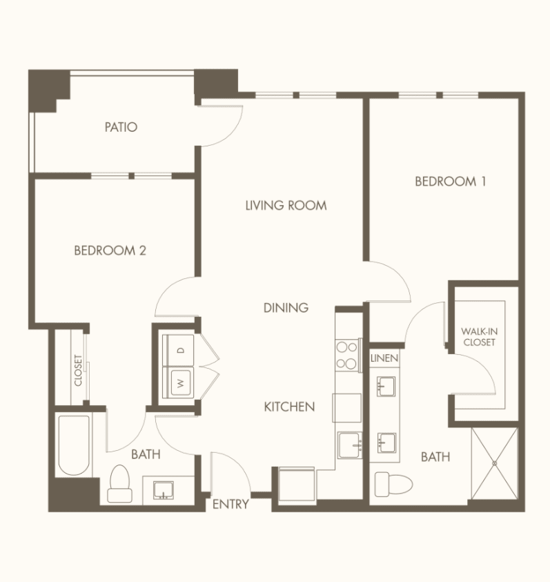 A floor plan of a two-bedroom apartment with labeled rooms including a living room, kitchen, and bathroom.