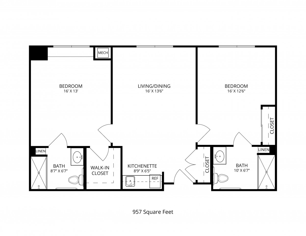 A floor plan of a two-bedroom apartment with a living room, kitchen, and two bathrooms.