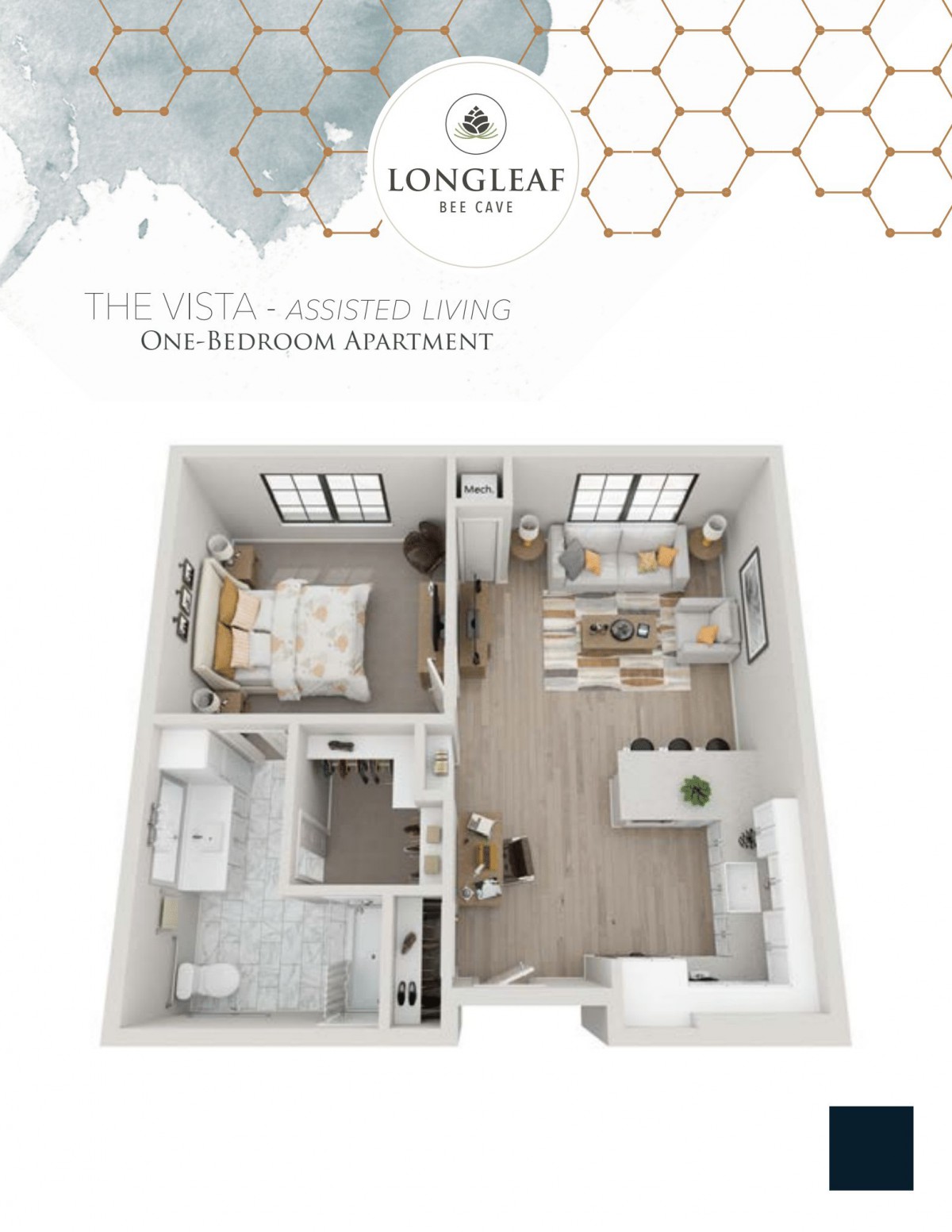 3D floor plan of a one-bedroom apartment in Longleaf Vista.