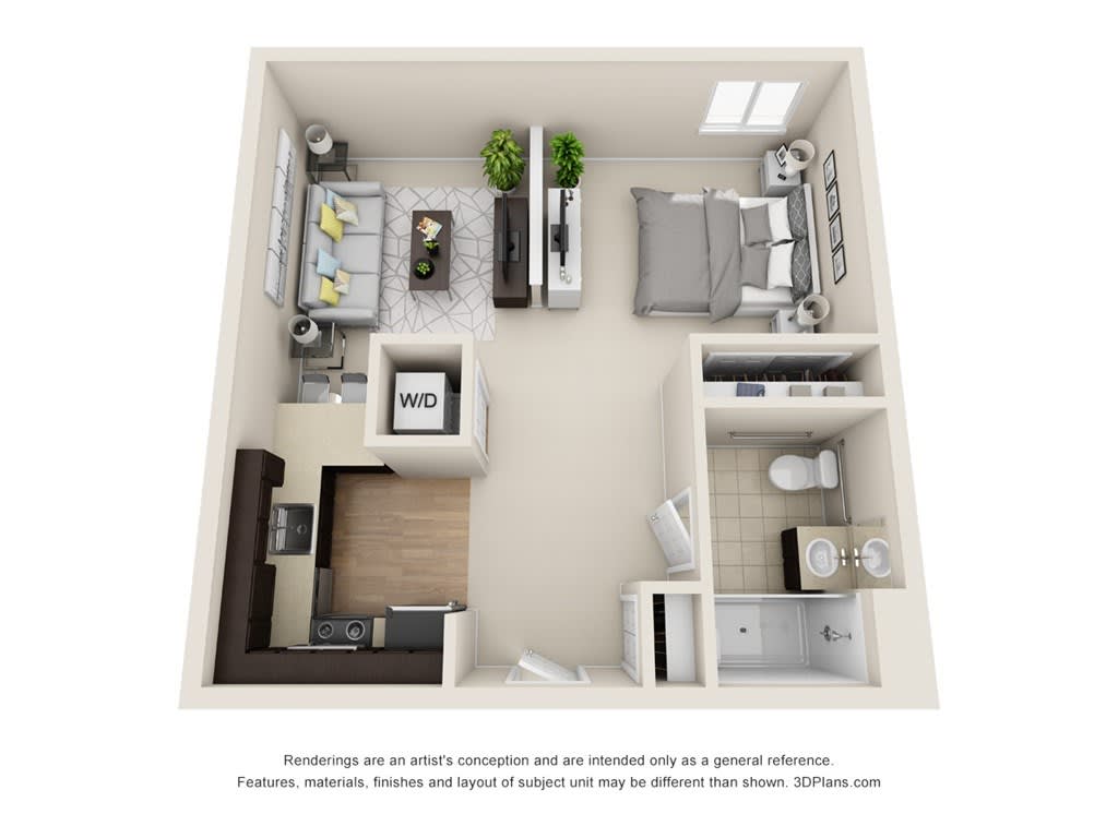 A 3D model of a one-bedroom apartment showcasing the living room, kitchen, and bathroom.