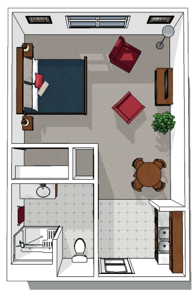 A top-down view of a compact apartment floor plan featuring a bedroom, a living area with seating, a dining table, and an adjacent kitchen and bathroom.