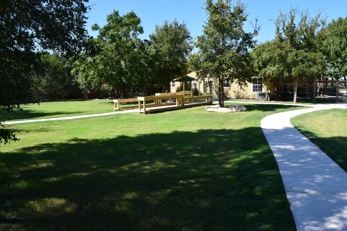 A sunny view of a house surrounded by a well-maintained lawn and trees with a pathway leading to the entrance.