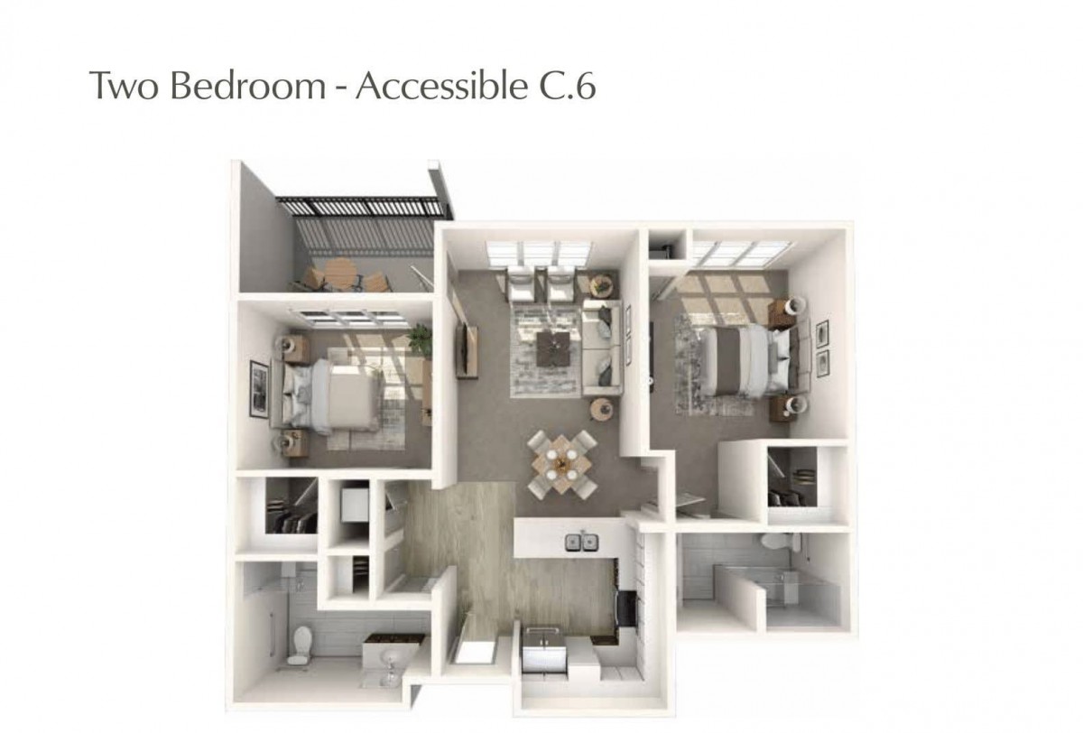 A 3-bedroom accessible apartment floor plan showing detailed layout and room arrangement.