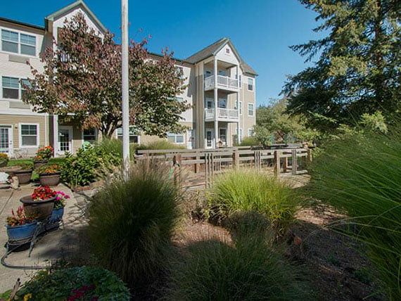 An apartment building surrounded by well-maintained landscaping on a sunny day.