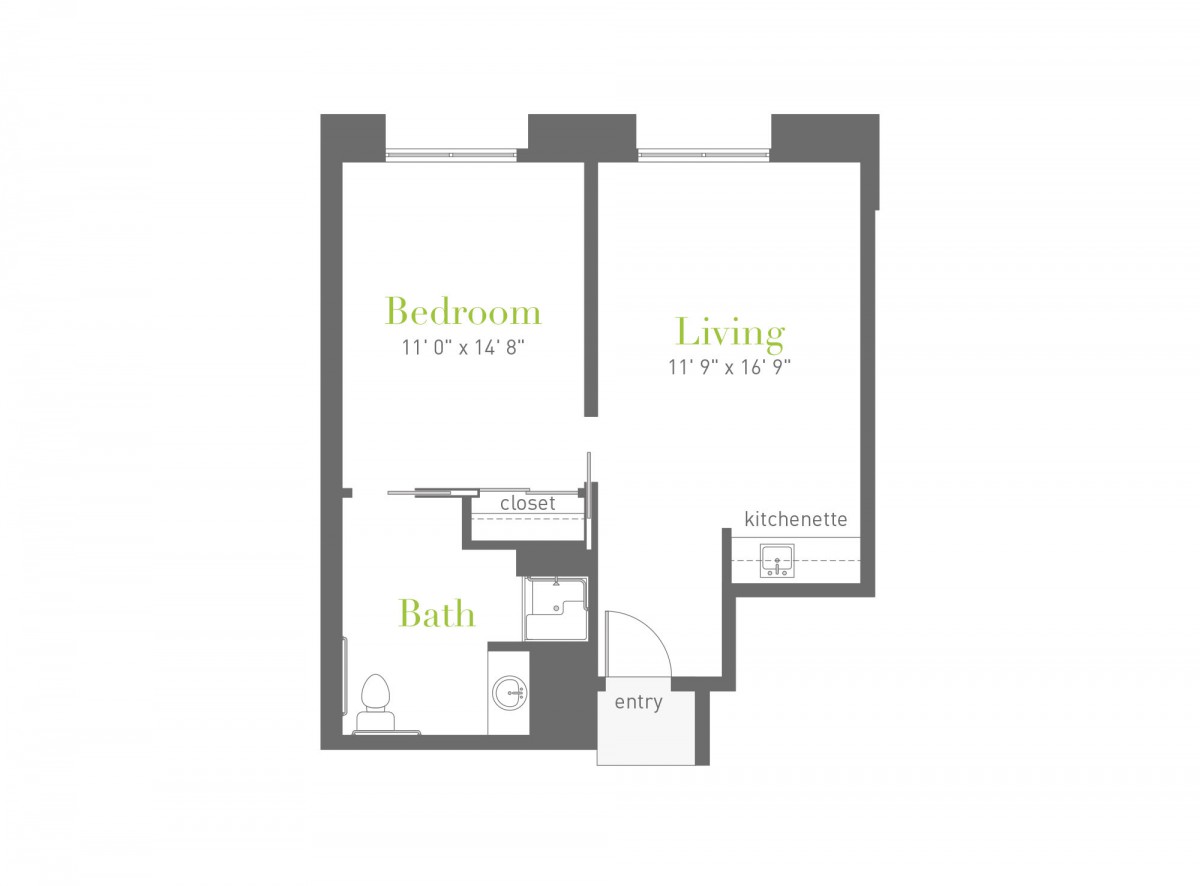 A floor plan of a 1-bedroom apartment featuring a living room, bedroom, and bathroom.