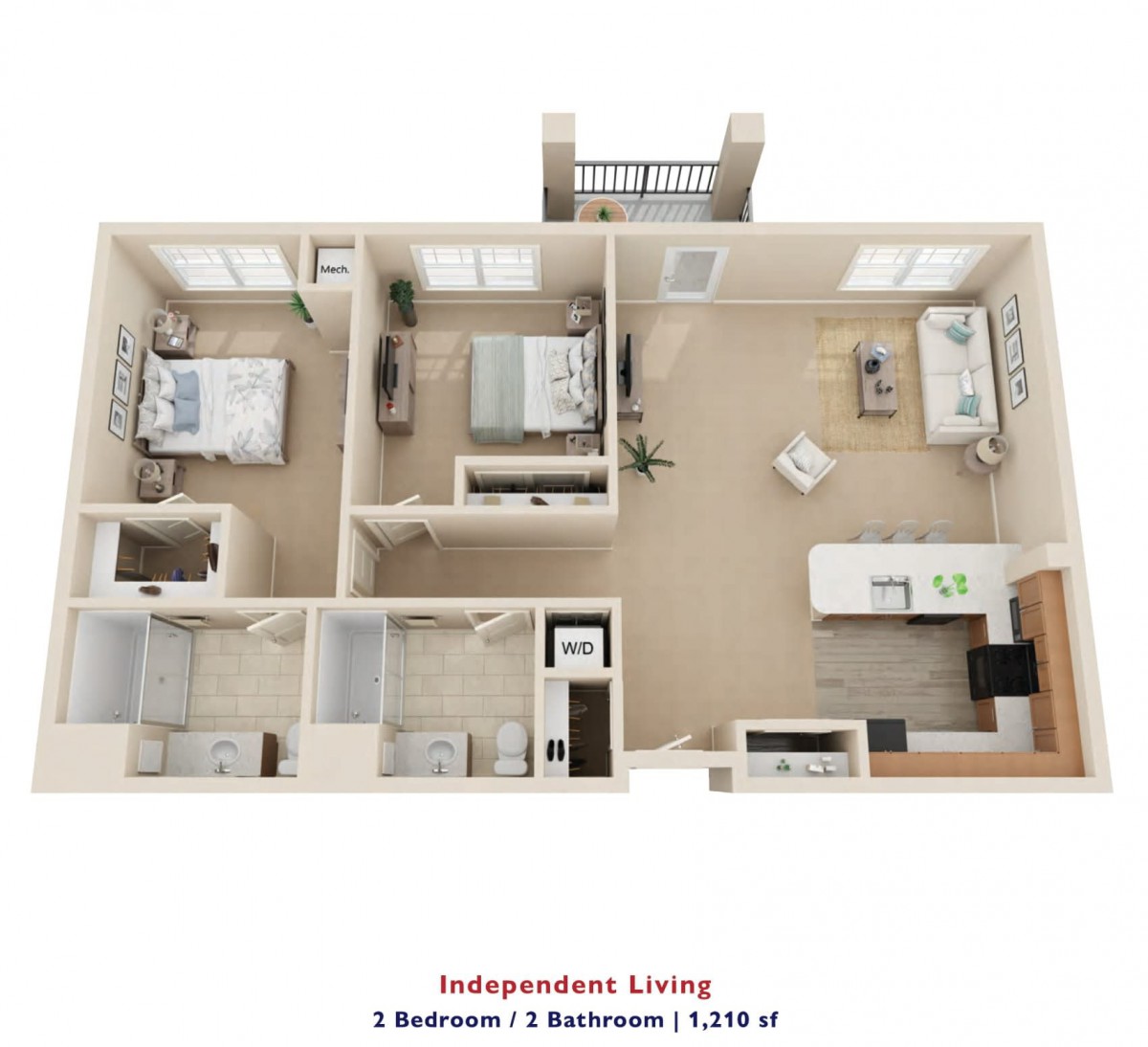 3D floor plan of a two-bedroom, one-bathroom apartment for independent living.