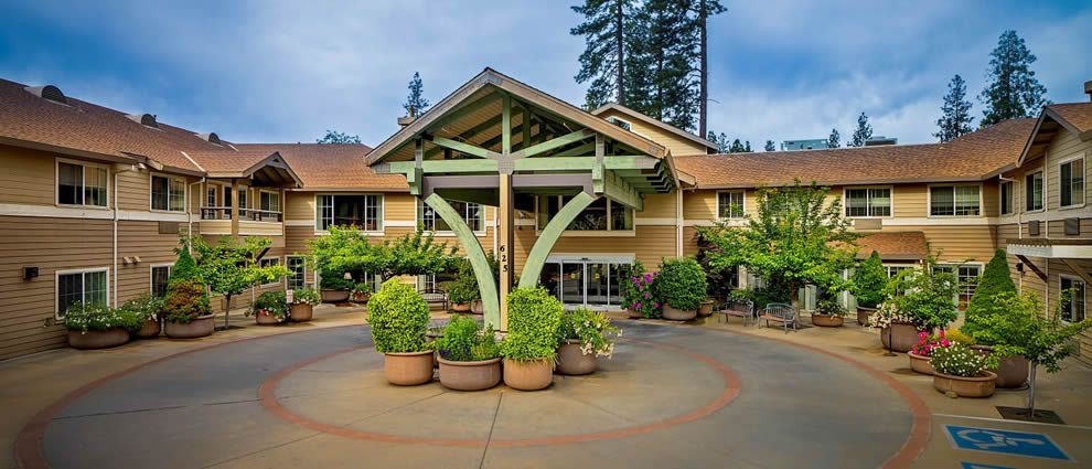 A welcoming building entrance surrounded by lush greenery and potted plants.