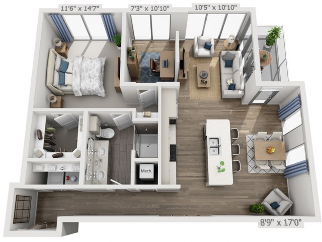 A detailed 3D floor plan of a modern apartment featuring a bedroom, bathroom, kitchen, and living room.
