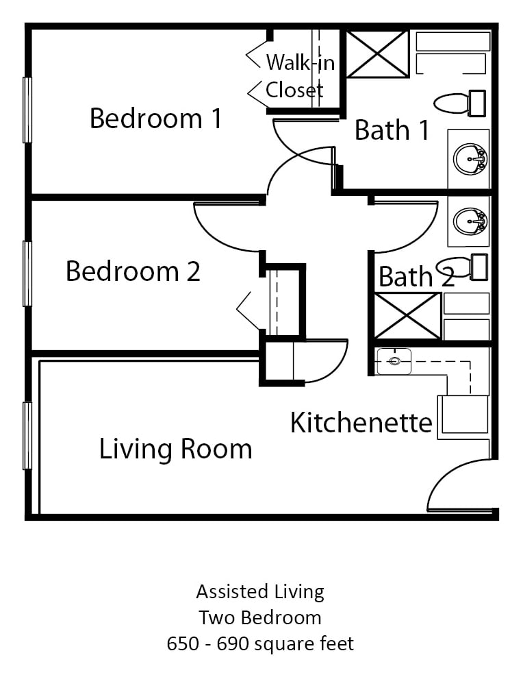 Assisted living apartment floor plan with two bedrooms, two bathrooms, a kitchenette, and a living room.