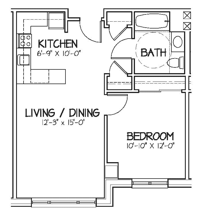 A simple floor plan of a one-bedroom apartment, featuring a kitchen, bathroom, living/dining area, and bedroom.