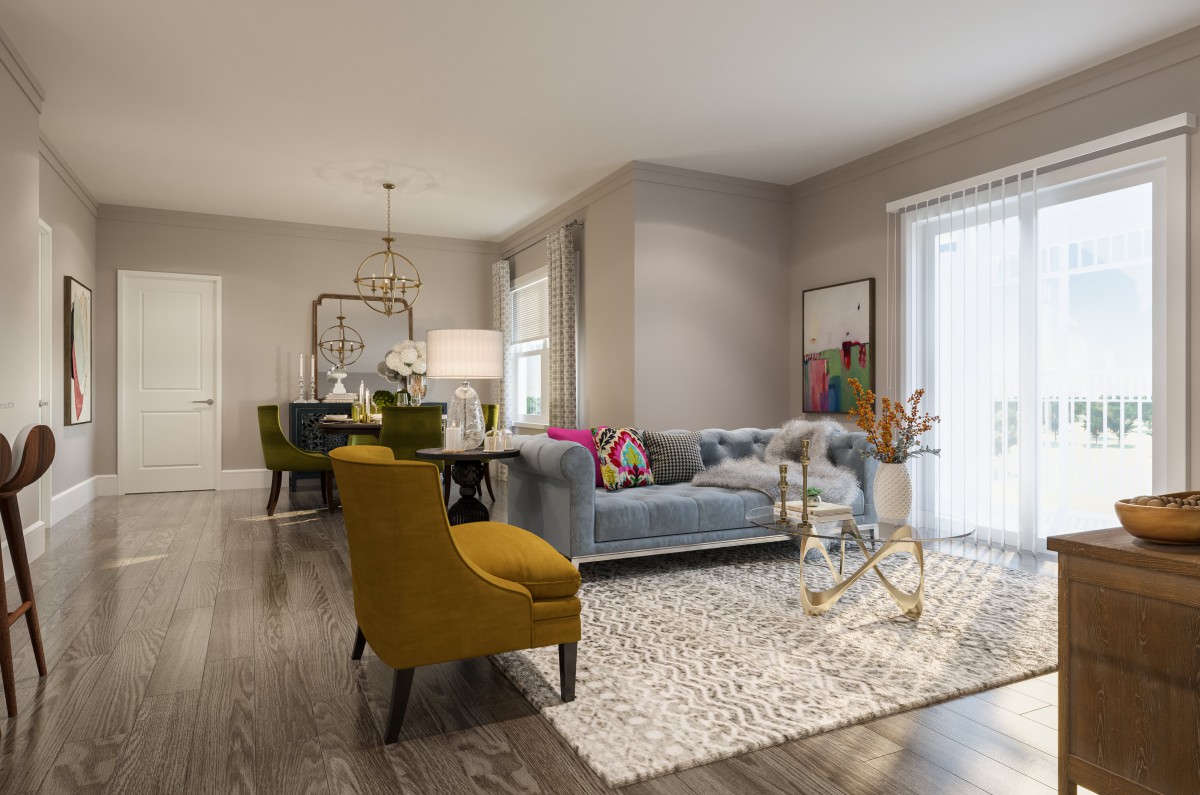 A stylish and modern living room featuring a blue sofa, mustard armchair, and a patterned rug, illuminated by natural light.