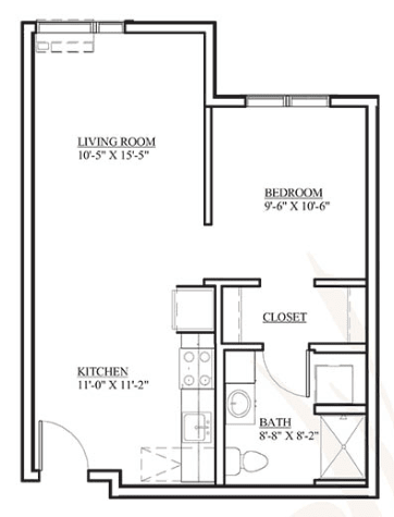 A floor plan of a one-bedroom apartment featuring a living room, kitchen, bedroom, bathroom, and closet.