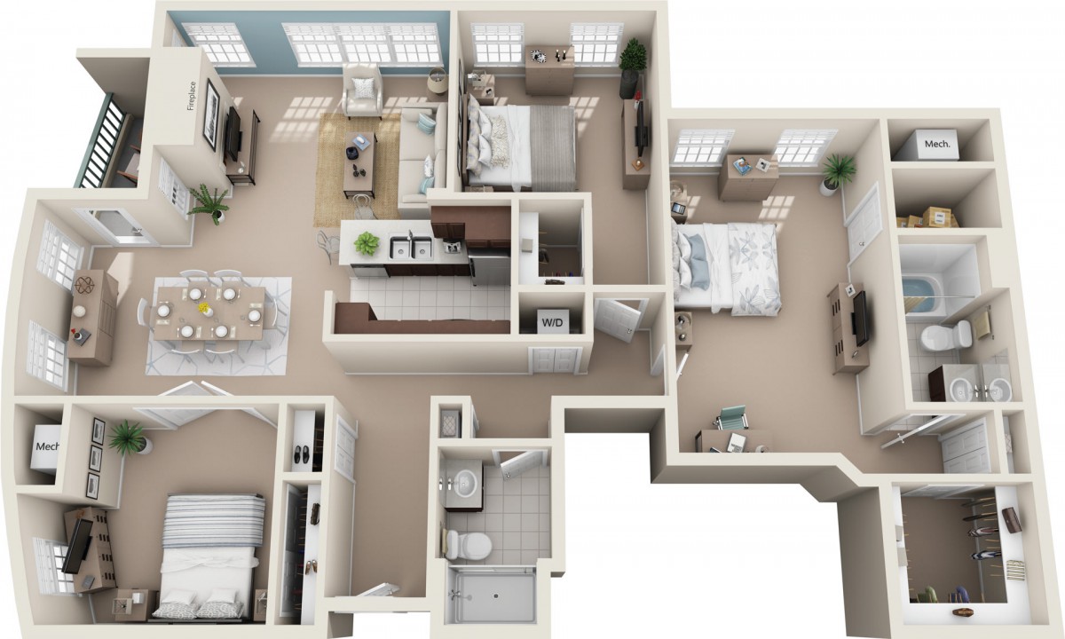 A 3D floor plan of a two-bedroom apartment with a modern interior layout.