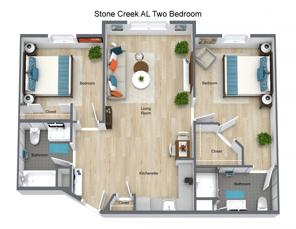 A floor plan of a two-bedroom apartment, showcasing the layout and interior design.