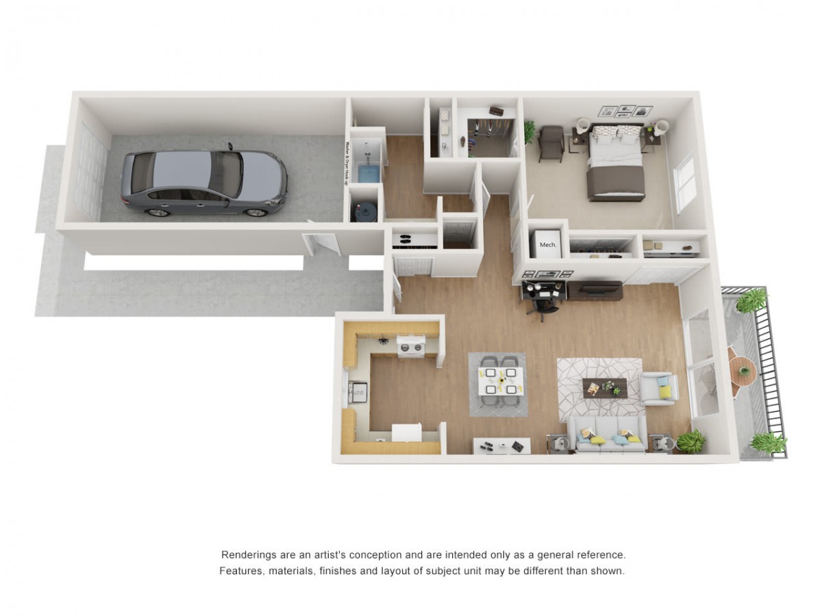 A 3D floor plan of a one-bedroom apartment with a garage, featuring an open kitchen and living area.