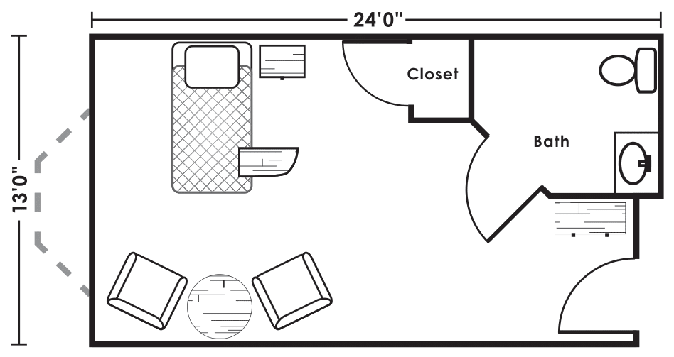 Simple bedroom floor plan with furniture and closet.