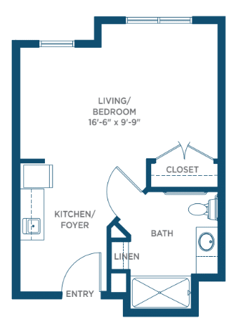 Studio apartment floor plan showing living/bedroom, kitchen, bath, and closet.