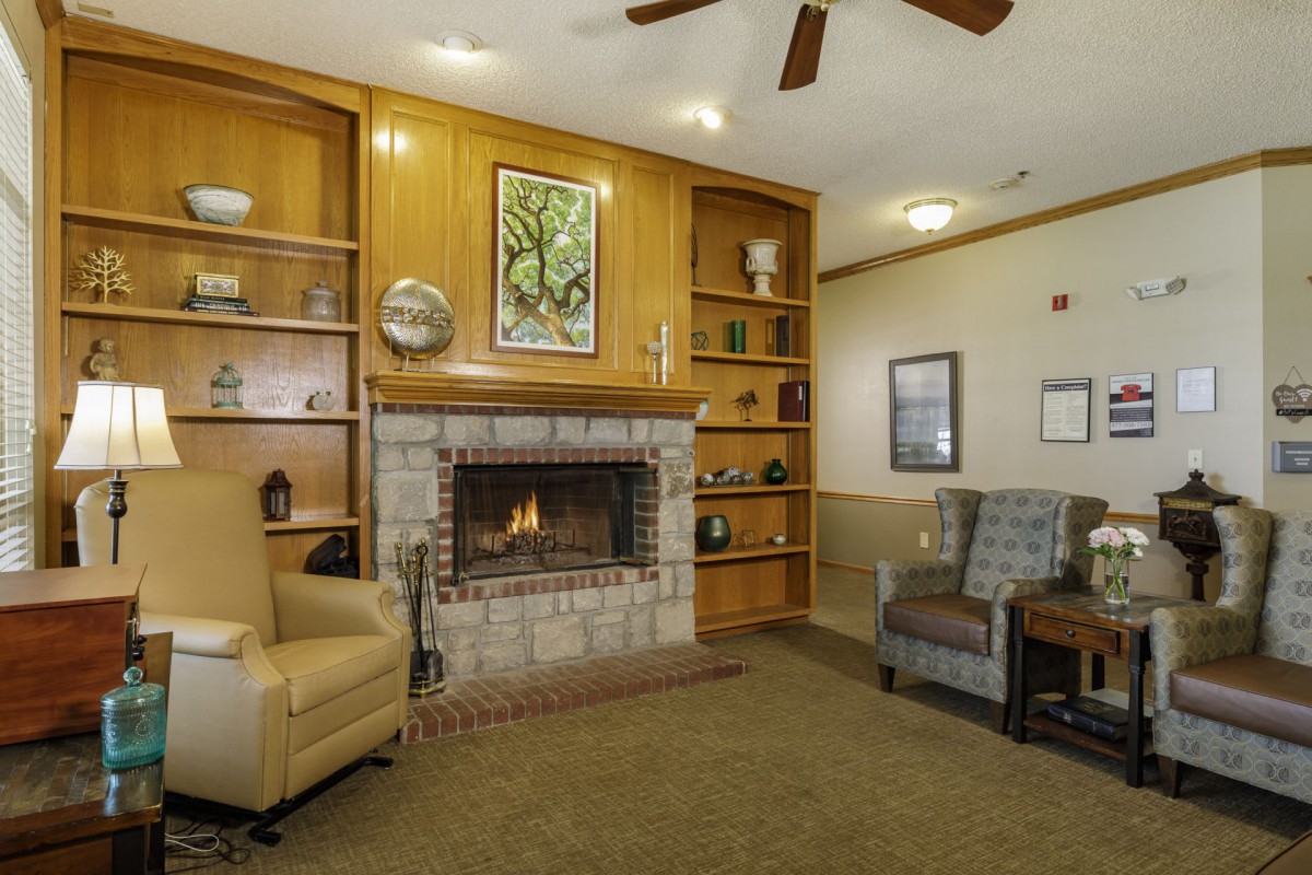 A cozy living room with a fireplace, armchairs, and wooden shelves.