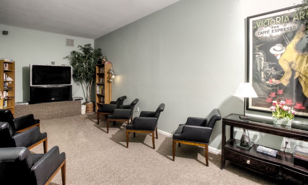 A well-organized waiting area with chairs, a bookshelf, and a potted plant.