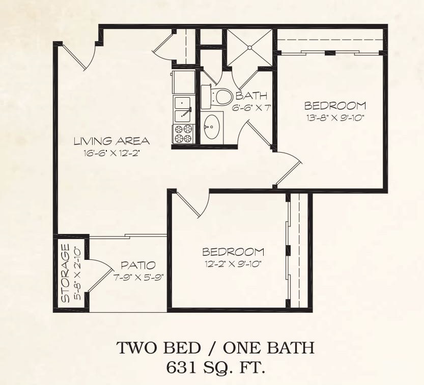 A floor plan of a two-bedroom, one-bathroom apartment with a total area of 631 square feet.