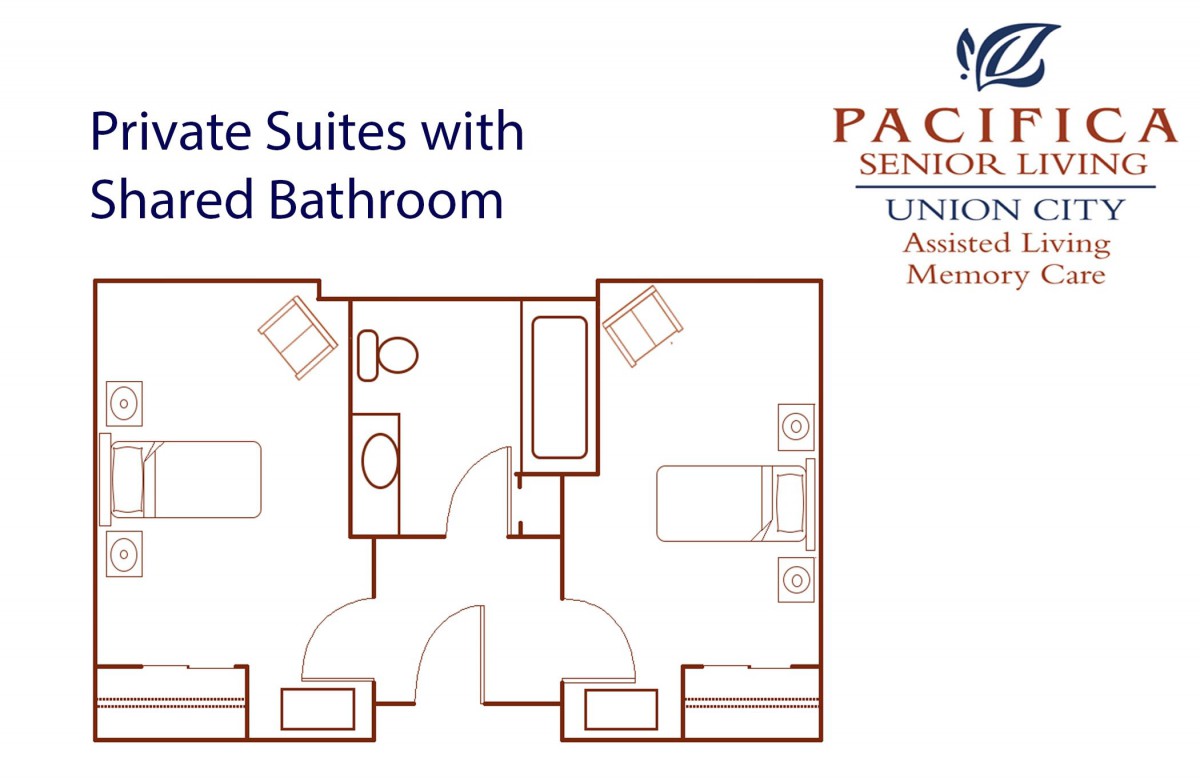 Floor plan of a shared suite with a common bathroom in a senior living facility.