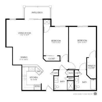 A floor plan of a two-bedroom apartment with a living room, kitchen, bathroom, and balcony.