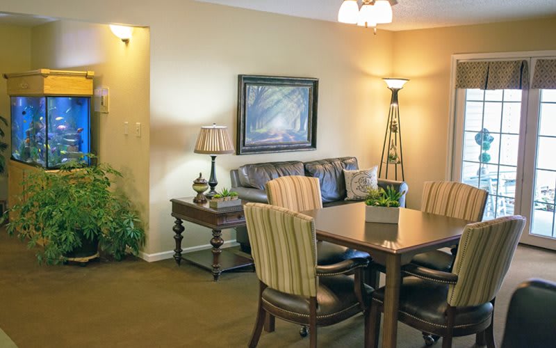 A cozy living and dining room with a sofa, dining table, chairs, and decorative elements.
