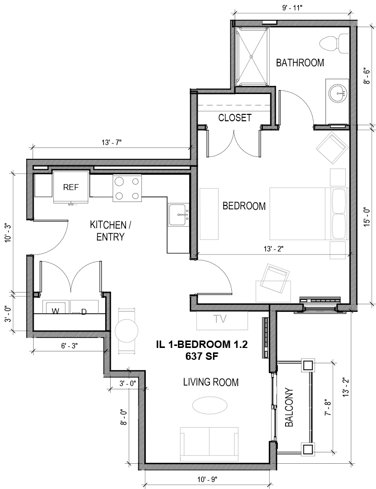 A detailed floor plan layout showing the arrangement of rooms including a kitchen, living room, and bedroom.