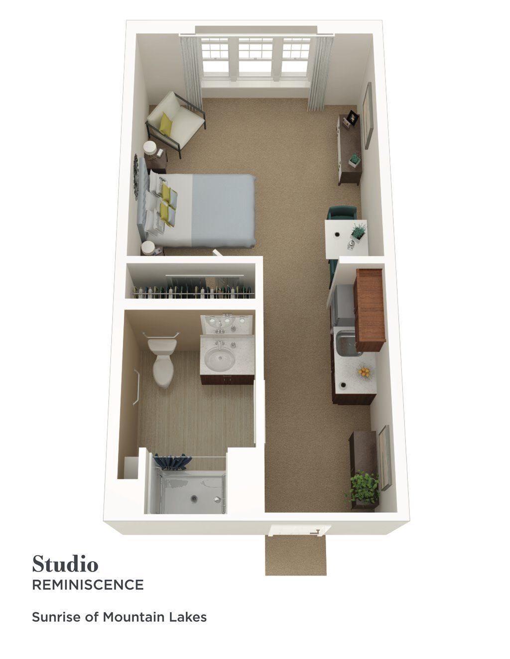 A 3D floor plan of a studio apartment featuring a combined living and sleeping area, kitchen, and bathroom.