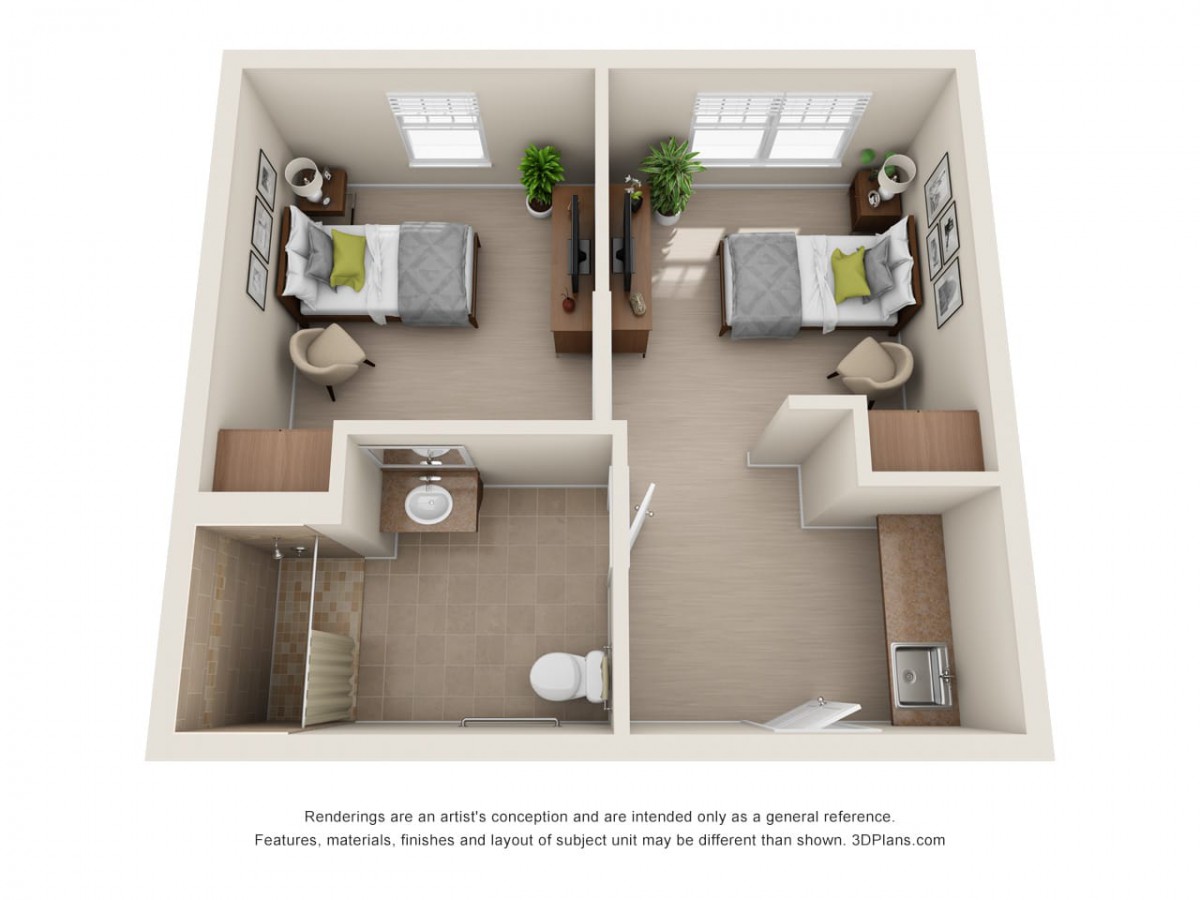 A detailed 3D floor plan of a two-bedroom residential unit, showcasing furniture placement and room layout.