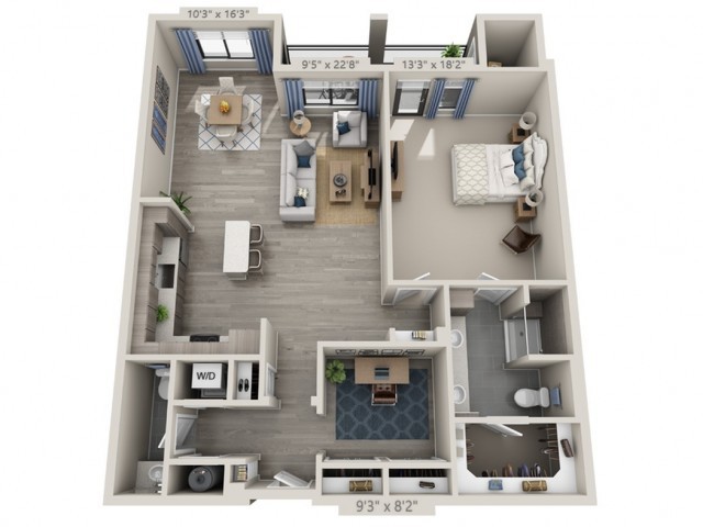 A 3D floor plan of a one-bedroom apartment with a living room, kitchen, and bathroom.