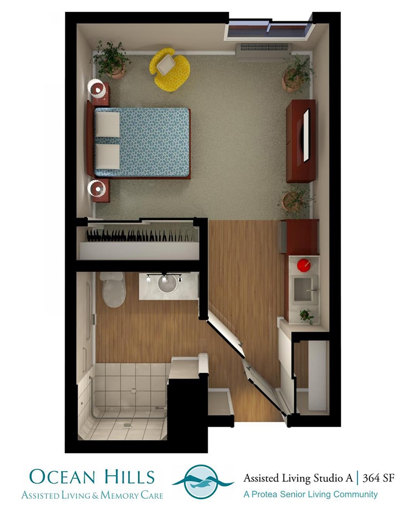 A studio apartment floor plan featuring a bedroom, bathroom, and kitchen area.