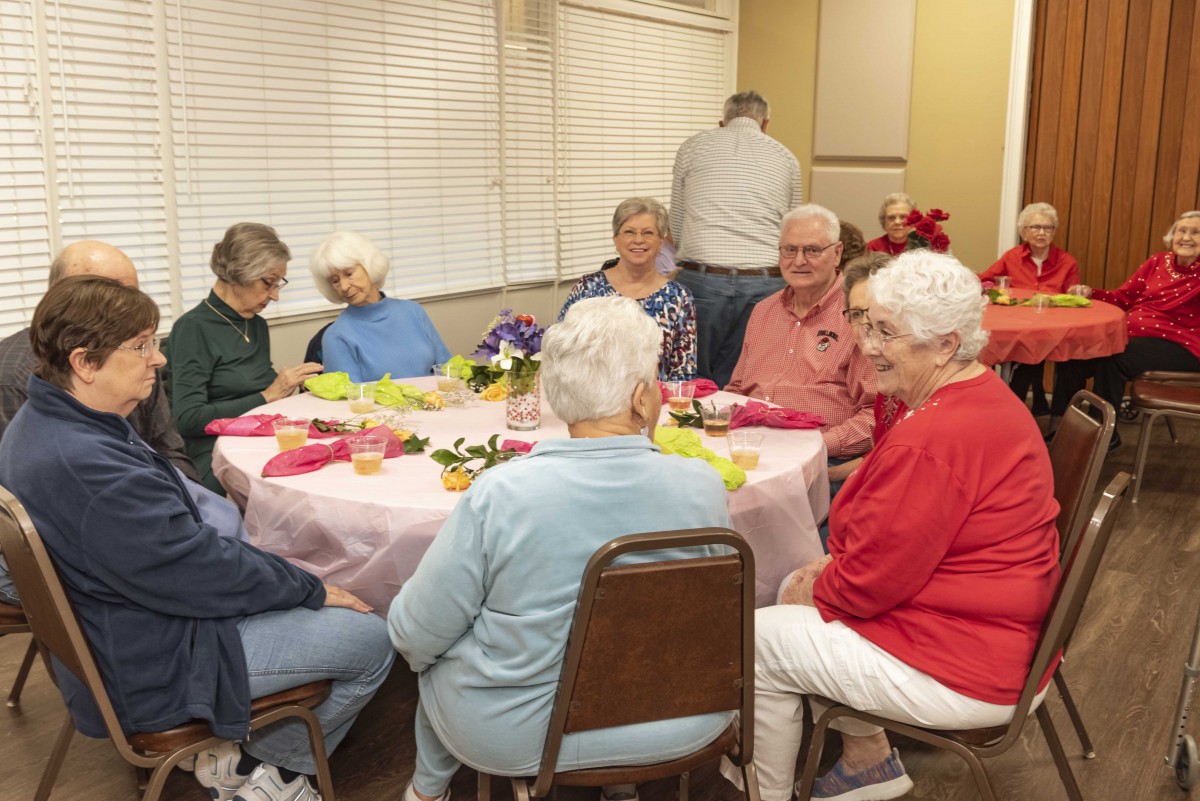 A group of seniors enjoying a social gathering around a table indoors.