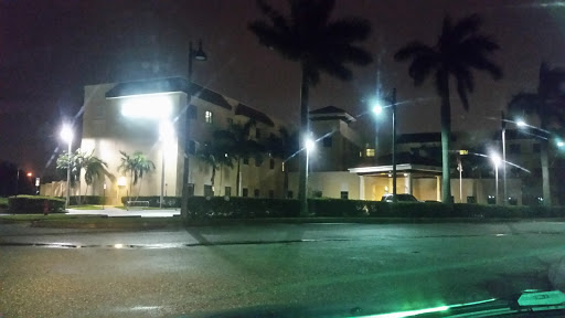 A nighttime view of a well-lit building surrounded by palm trees.