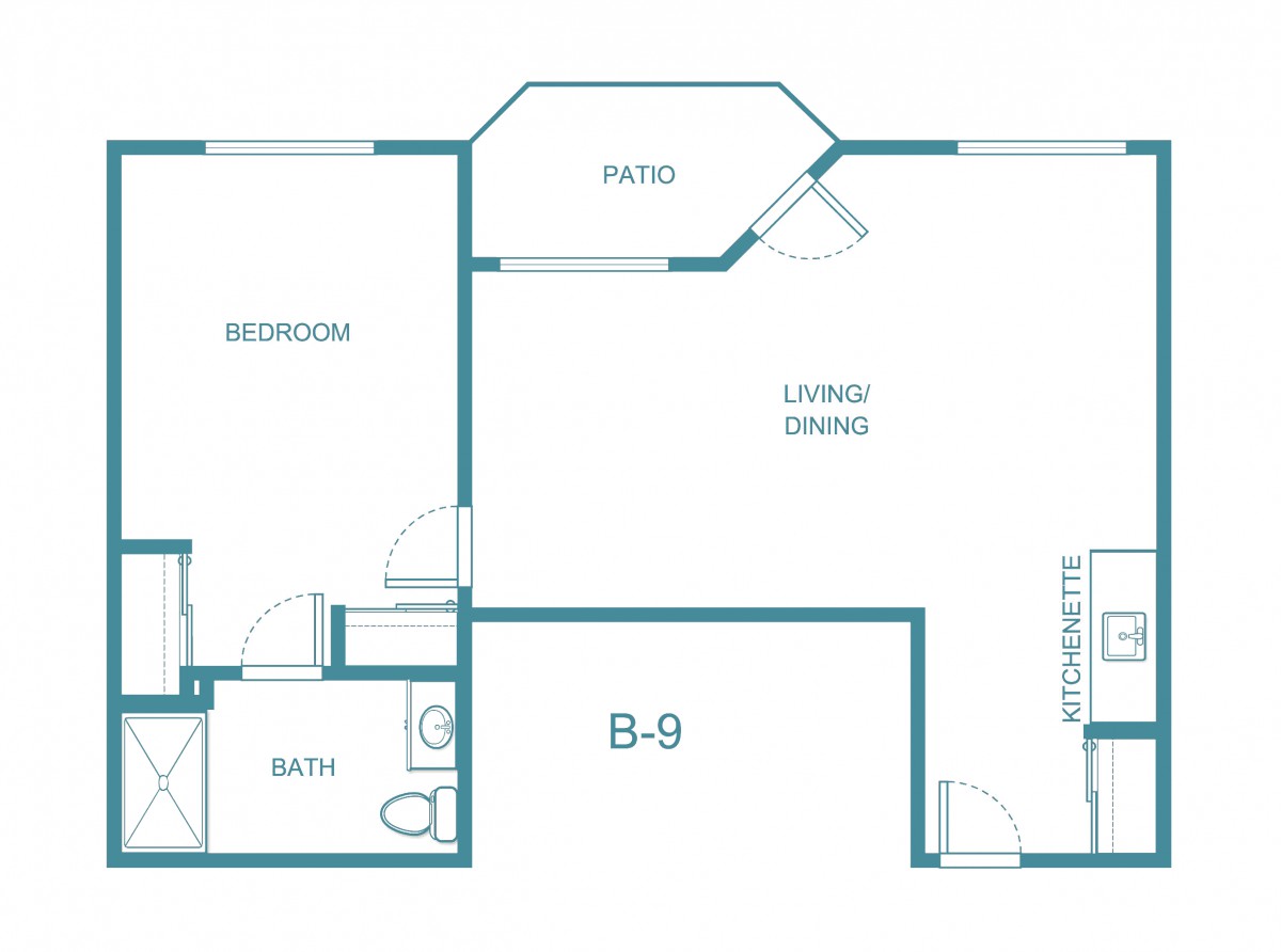 A detailed floor plan of a one-bedroom apartment featuring a bathroom, living/dining area, kitchen, and a patio.