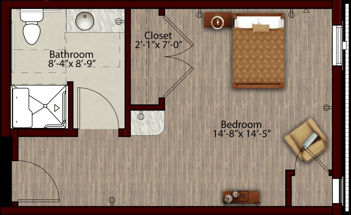 A floor plan of a bedroom with an attached bathroom and closet.