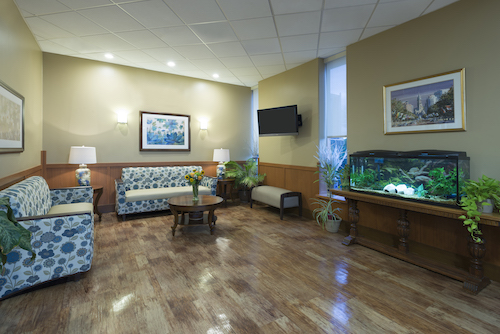 A cozy waiting area featuring comfortable seating and an aquarium.