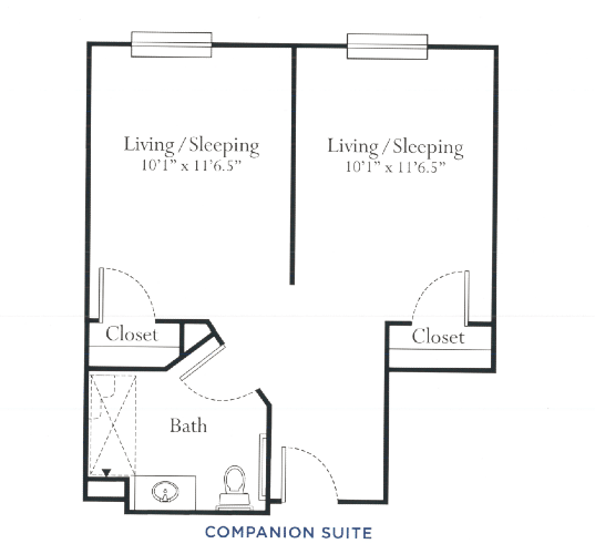 A floor plan of a companion suite featuring two living/sleeping areas, each with a closet, and a shared bathroom.