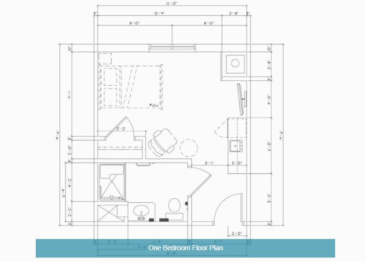 One bedroom floor plan layout.