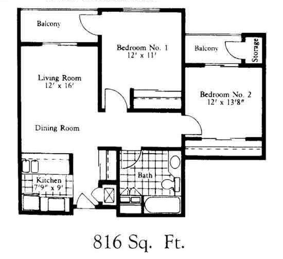 816 square feet apartment floor plan with two bedrooms.