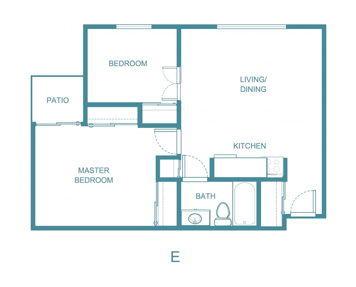 A floor plan of a two-bedroom apartment with a patio, living room, kitchen, and bathroom.
