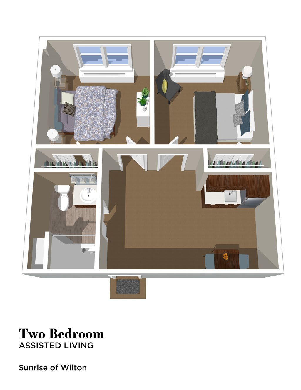 A 3D floor plan of a two-bedroom apartment with a kitchen, living area, and bathroom.