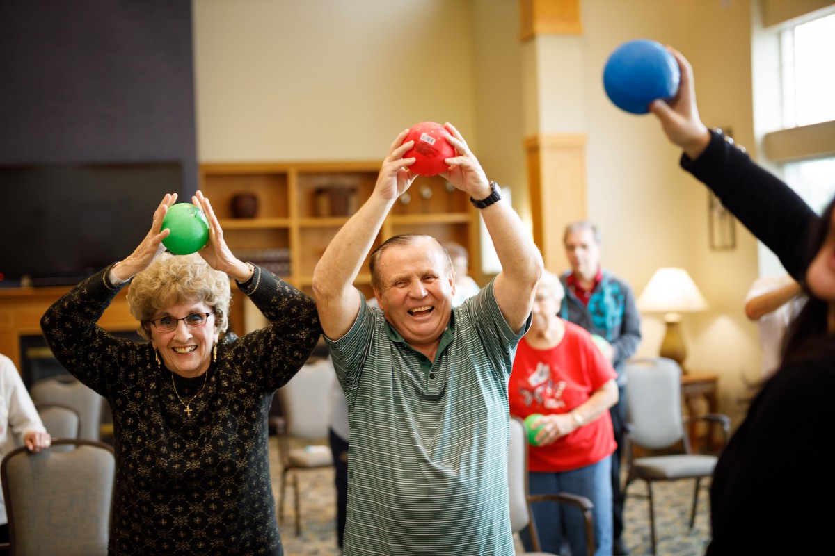 A group of seniors enjoying a fun and active exercise session indoors, holding colorful balls above their heads and smiling.