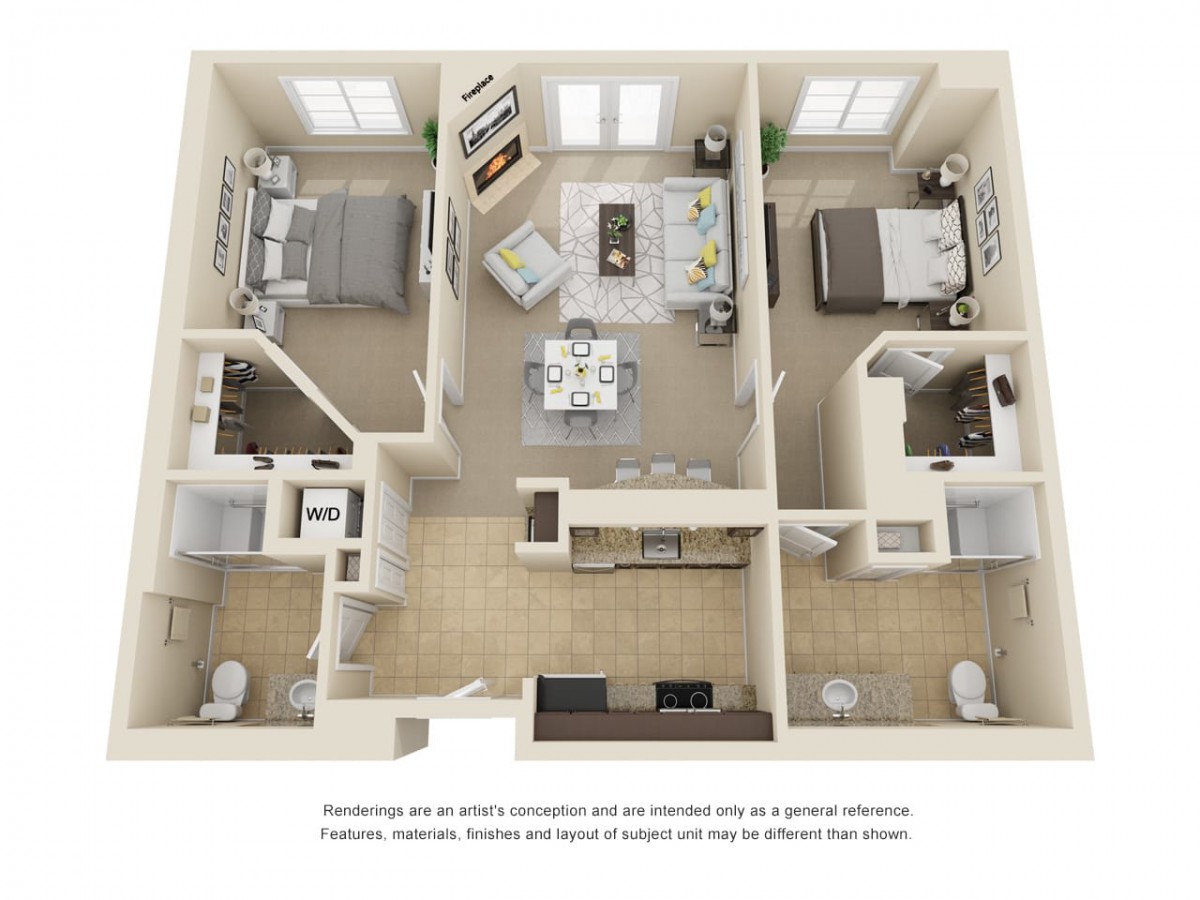 3D floor plan of a two-bedroom apartment with a living room, kitchen, and bathrooms.