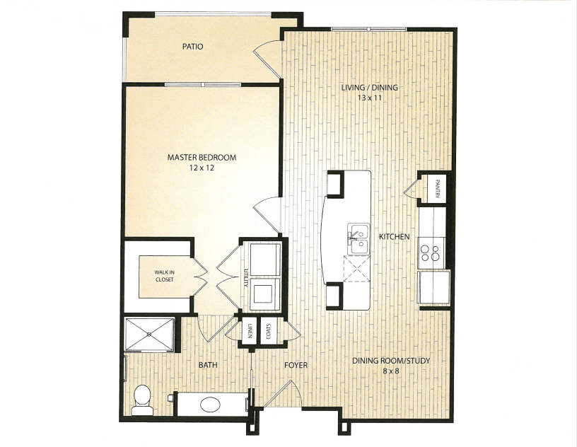 A floor plan of a one-bedroom apartment featuring a kitchen, living area, bathroom, and balcony.